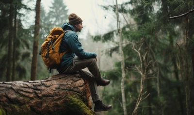 a man sitting on a tree trunk making a break from a advanced language course