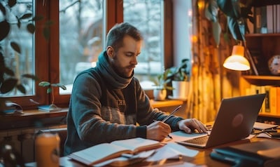 Nordmann lærer polsk ved hjemmekontoret med laptop og polsk lærebok
