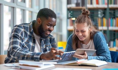 To personer øver polsk sammen ved et bibliotekbord med nettbrett og notatbøker
