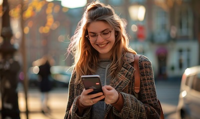 Kvinne øver dansk uttale med språkapp på mobil