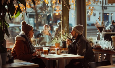 to personer i samtale pa dansk kafé hyggelig stemning