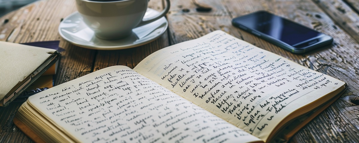 Notebook with handwritten Macedonian phrases in Cyrillic on a wooden table