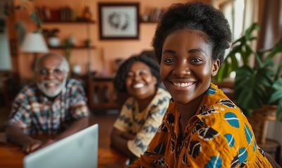 Diaspora learner speaking Lingala on a video call with grandparents