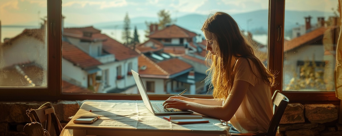 Young woman learning Macedonian on a laptop with Lake Ohrid in the background