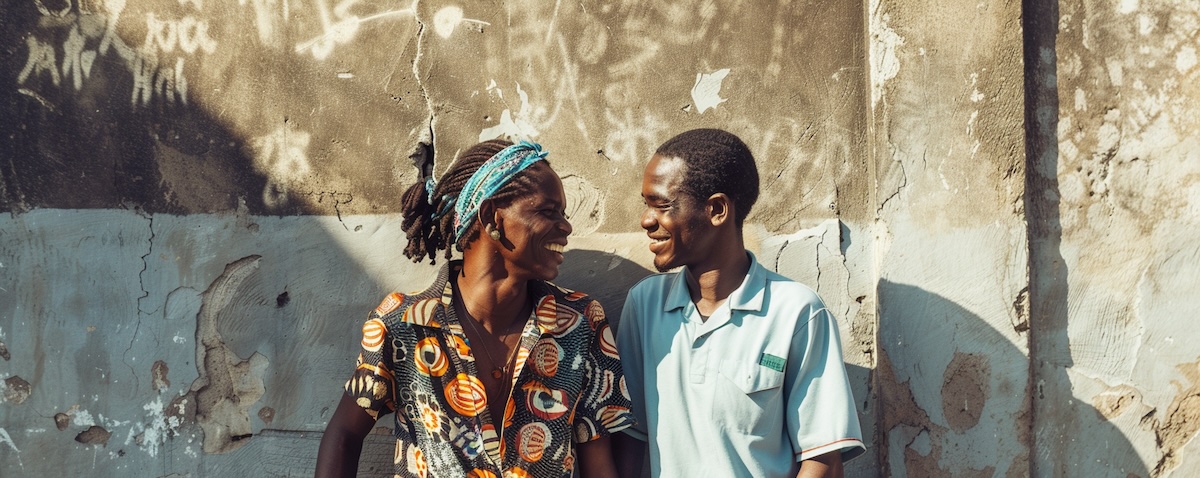 Two friends talking in Lingala on a street, illustrating everyday Lingala phrases