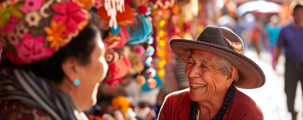 Friendly everyday Mexican Spanish conversation on a colorful street in Mexico