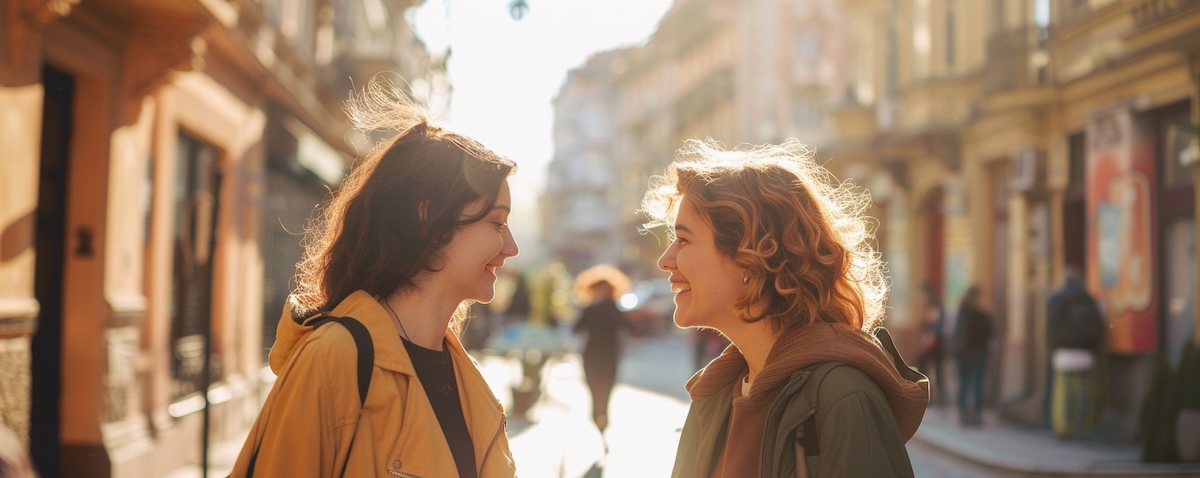 Friends greeting each other warmly on a Romanian street, illustrating common Romanian phrases