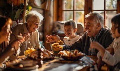 Romanian family talking and laughing together around the dinner table
