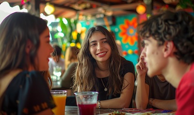 Young friends chatting and laughing in Mexican Spanish at a taqueria