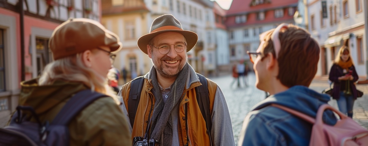 Travellers using German phrases to greet a local in a German town