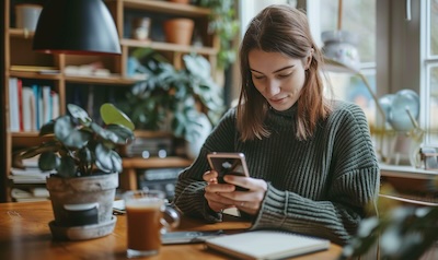 Person som sammenligner tyskapper på mobilen ved skrivebordet