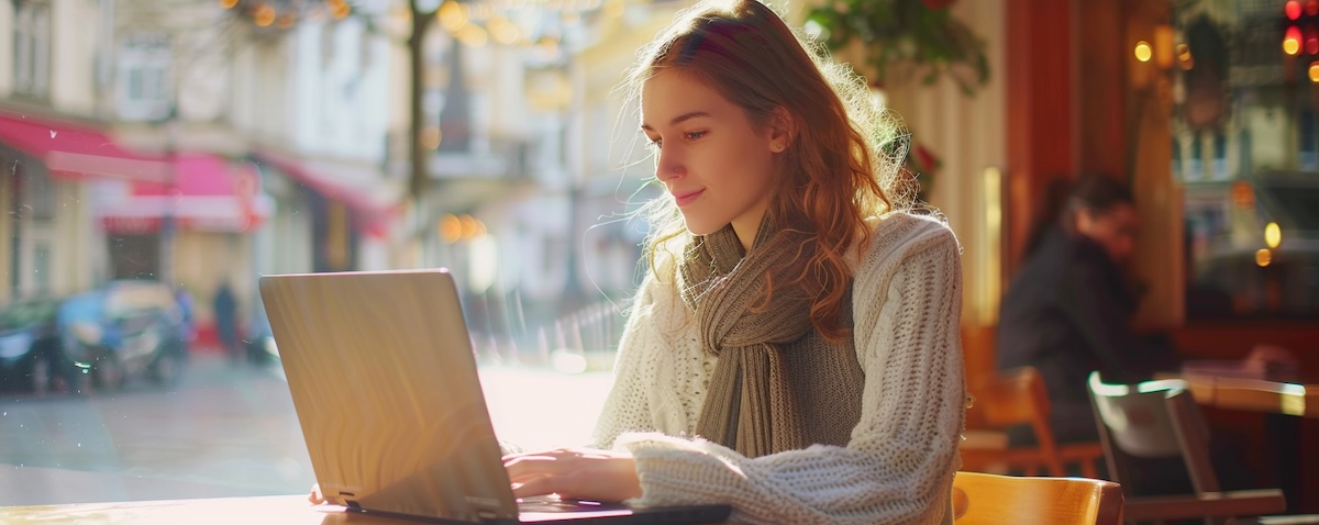 Woman learning German on a laptop with a German town in the background