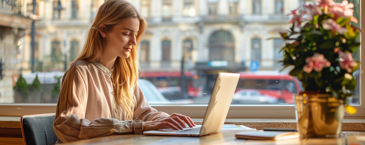 Norsk kvinne som lærer rumensk på laptop med en gate i Bucuresti i bakgrunnen