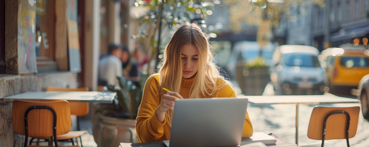 Norsk kvinne som lærer tysk på laptop med en tysk by i bakgrunnen