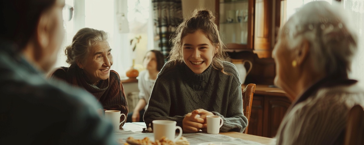 English speaker talking with her partner's Slovak family around the kitchen table