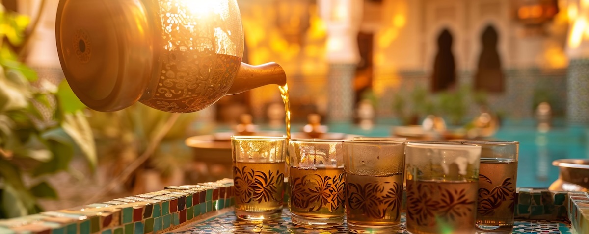 Traditional Moroccan riad courtyard with mint tea, representing Darija phrases for everyday life