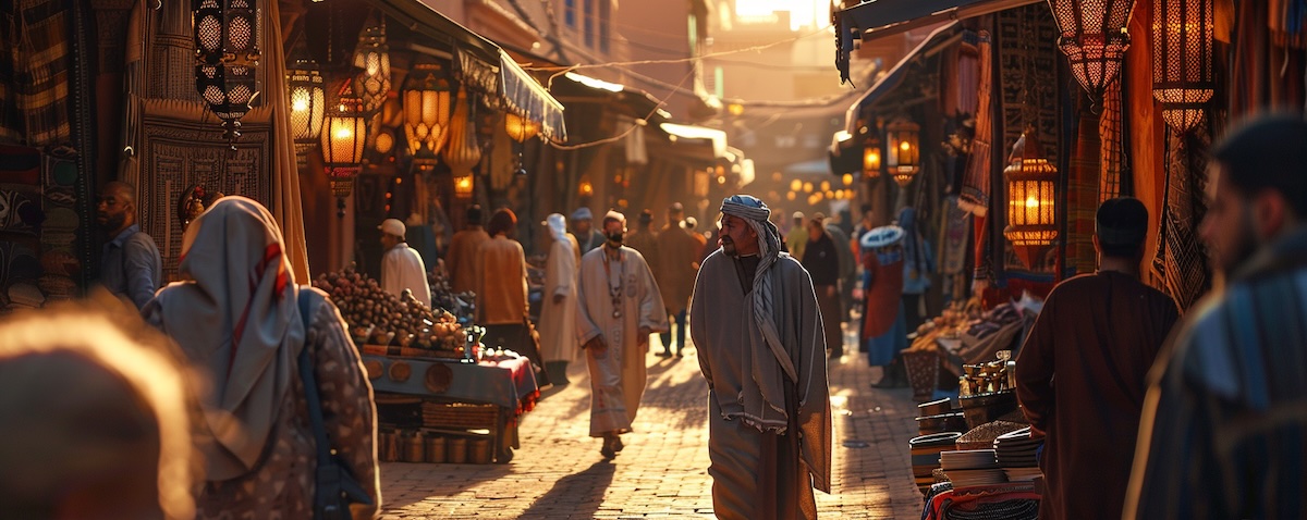 A busy souk street in Marrakech with people of different generations talking, representing Morocco's mix of languages and cultures