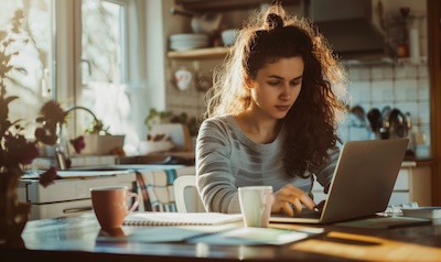An adult learner studying Polish at a kitchen table with a notebook, laptop, and coffee in morning light