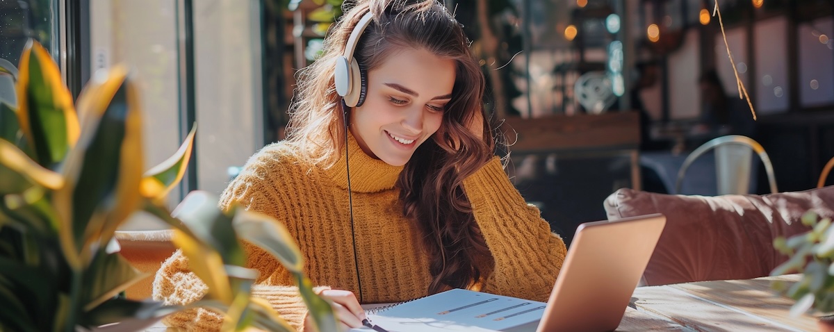 Albanian alphabet: a young woman practicing Albanian pronunciation at a café