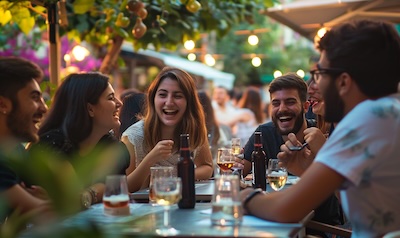 Albanian spoken in Kosovo: young friends talking at a café in Prishtina