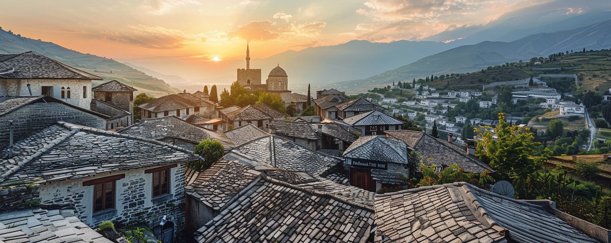 The Albanian language: the old stone town of Gjirokastër in southern Albania