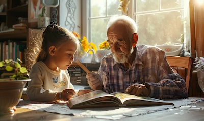 Learning the Albanian letters at home: a grandfather reading with his granddaughter