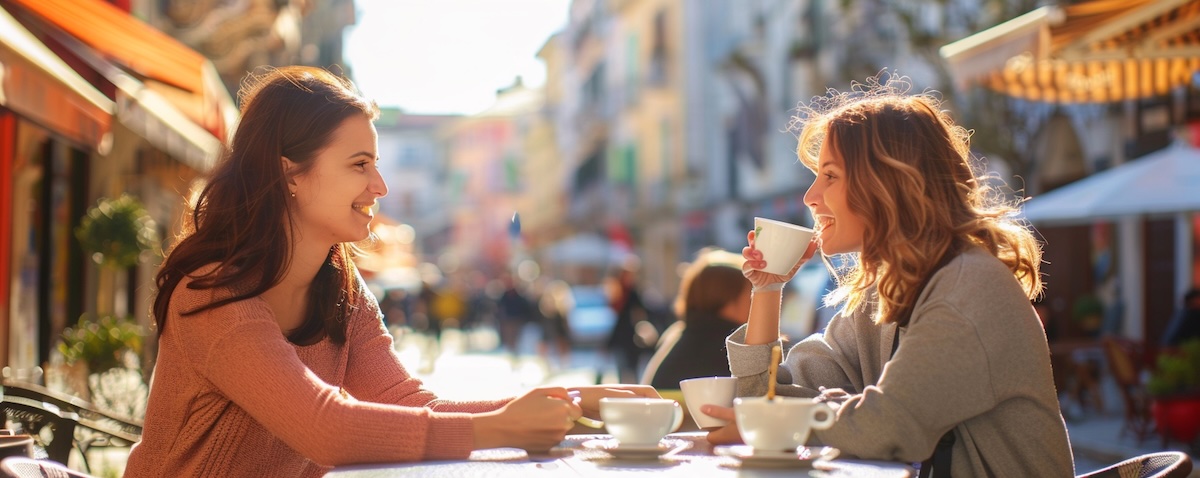 Albanian phrases: two friends greeting each other at a café in Tirana
