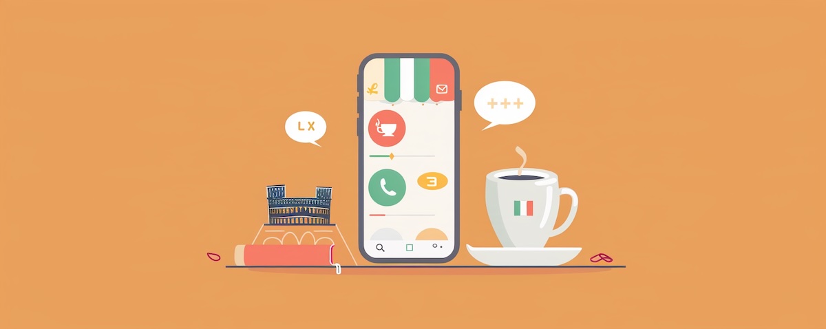 Illustration of a smartphone with a language learning app and Italian symbols