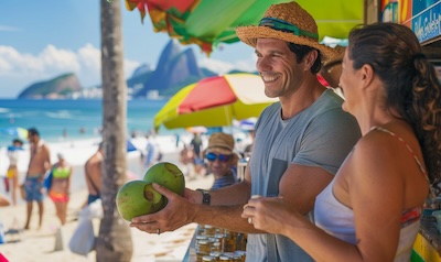 Norsk par som bestiller kokosvann på portugisisk ved en strandkiosk i Rio de Janeiro