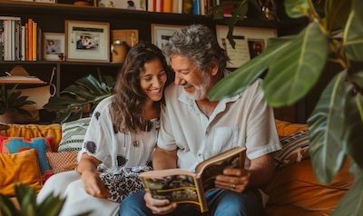 Couple looking at a photo album with the Brazilian parents-in-law