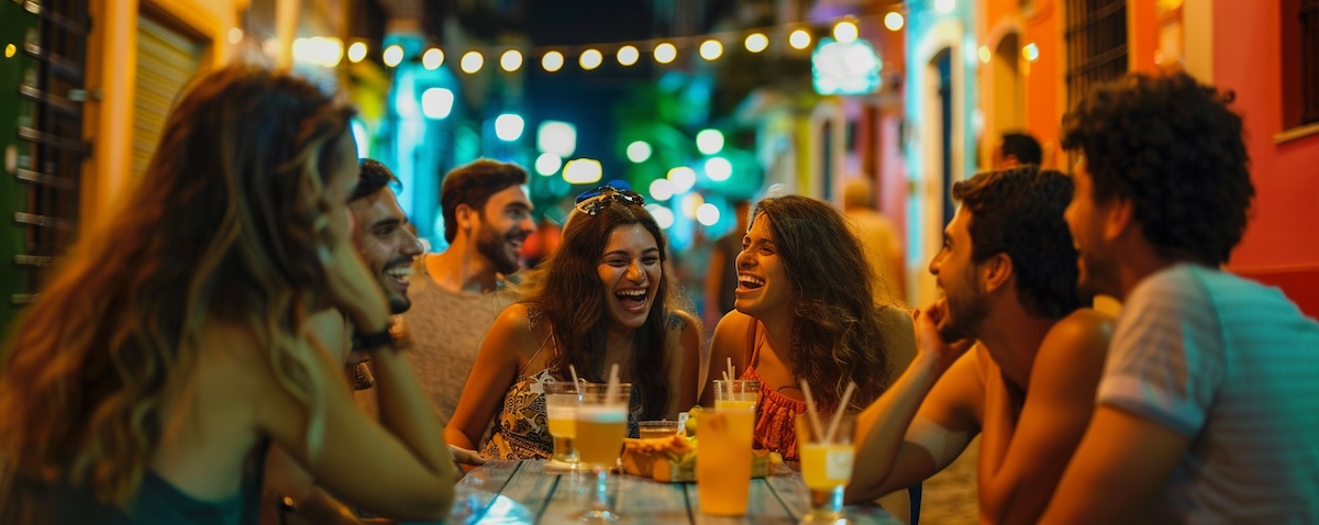 Friends chatting in Brazilian Portuguese at an outdoor bar in Rio de Janeiro