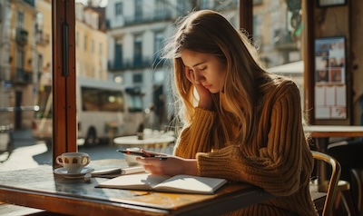 Learner practicing European Portuguese at a Lisbon cafe