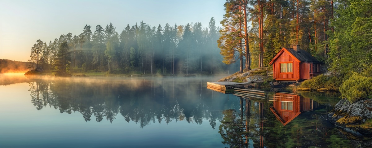 Finsk innsjølandskap med skog og rød hytte, symbol på finsk språk og historie