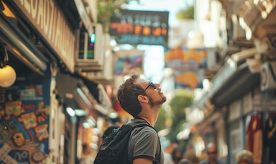 Tourist practising the Greek alphabet by reading street signs in Athens