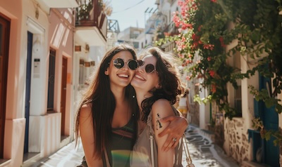 Two friends greeting each other with a kiss on the cheek in a Greek street