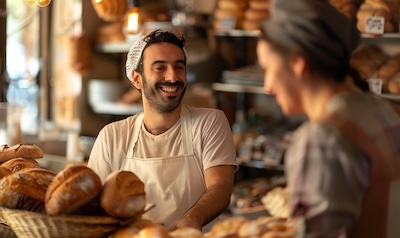 Customer greeting a baker with kalimera in a Greek bakery in the morning