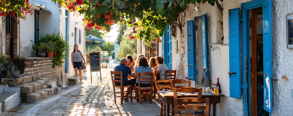 Locals and a traveller greeting each other in a Greek village cafe