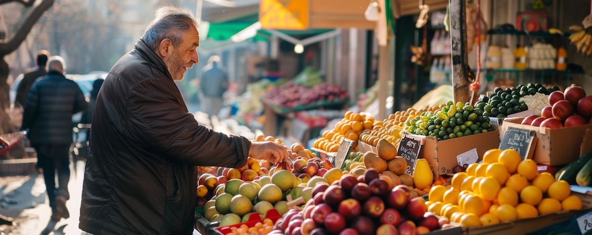 Greek market stall with price tags, a place to practise Greek numbers