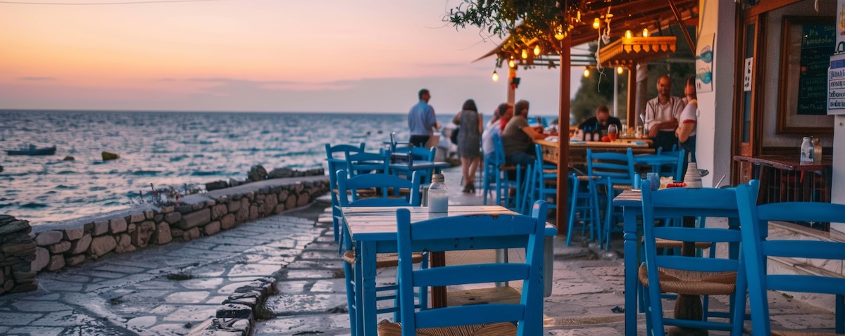 Tourist ordering in a Greek taverna using everyday Greek phrases