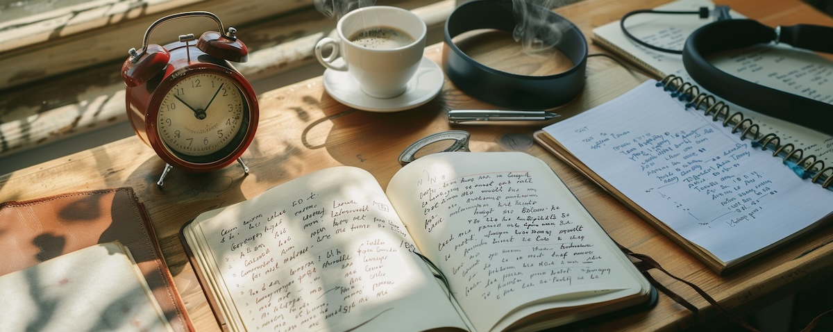 Kitchen timer, flashcards with foreign vocabulary, notebook, pen, coffee and headphones on a wooden desk