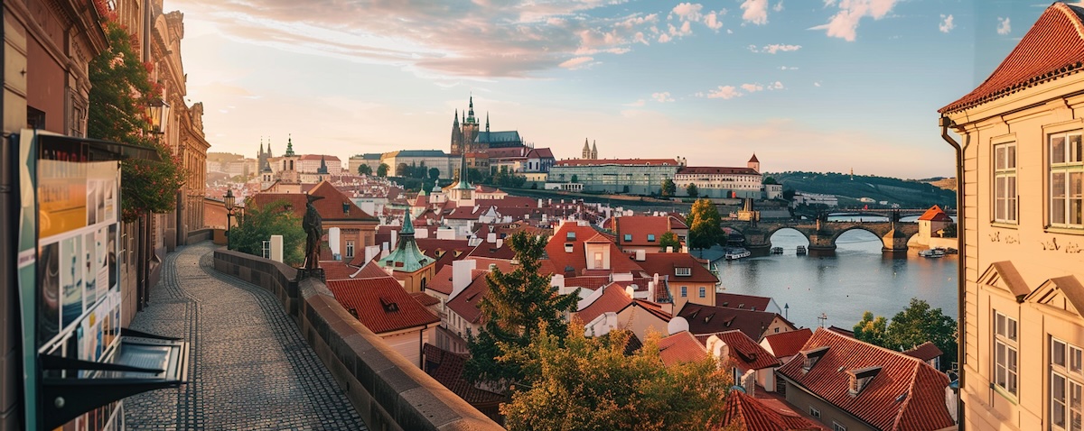 Utsikt over Praha med borgen og elven Vltava, der tsjekkisk er hovedspråket