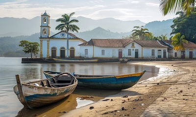 Den portugisiske kolonibyen Paraty i Brasil med hvite kirker og brosteinsgater