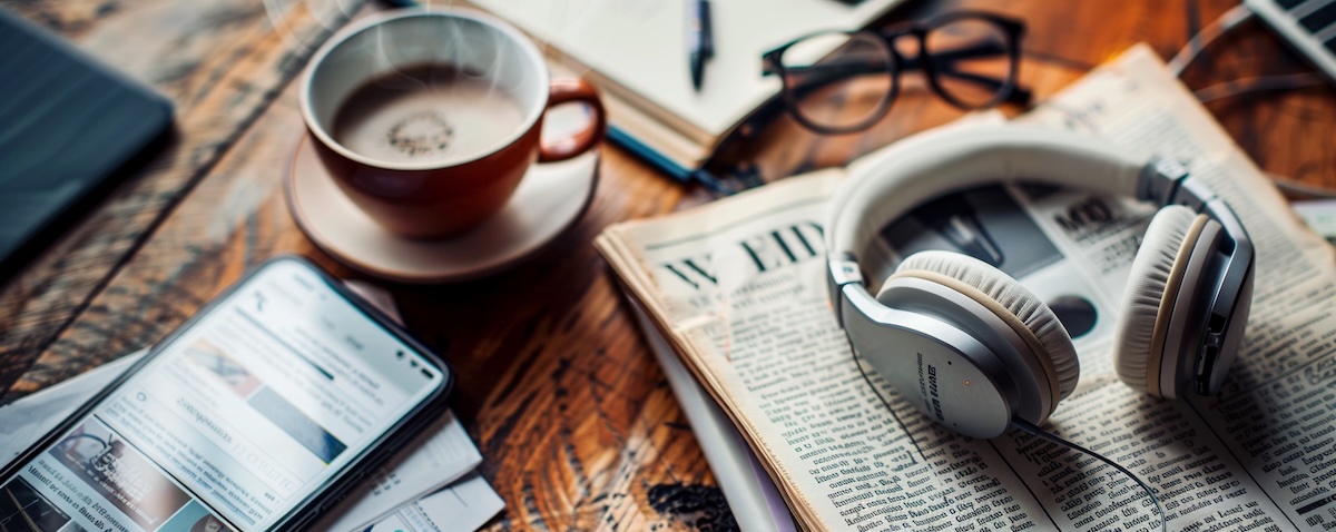 Wireless headphones connected to a smartphone with a podcast player, next to coffee, a notebook and a foreign-language newspaper