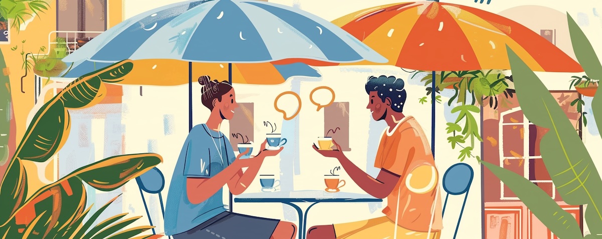 Illustration of two people chatting at an outdoor café in Italy