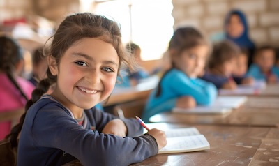 Kurdish children practicing letters in a bright classroom in Erbil