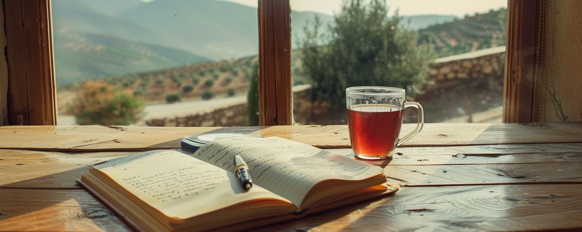 Kurdish alphabet: learning Kurdish letters in a notebook with a glass of tea and a view of the mountains