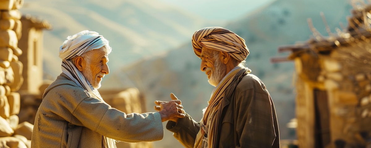 Kurdish phrases in Kurmanji: a warm greeting between a traveler and an elderly Kurdish man in a mountain village