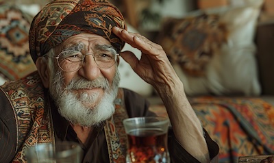 Kurdish host placing a hand over his eye while saying ser çavan, meaning gladly