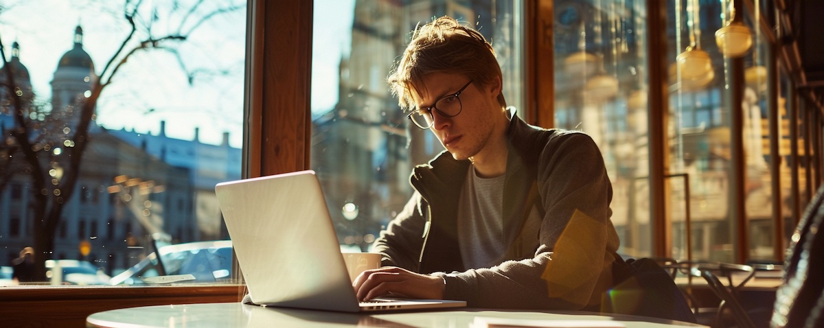 Norsk mann som lærer finsk på laptop på en kafé i Helsingfors