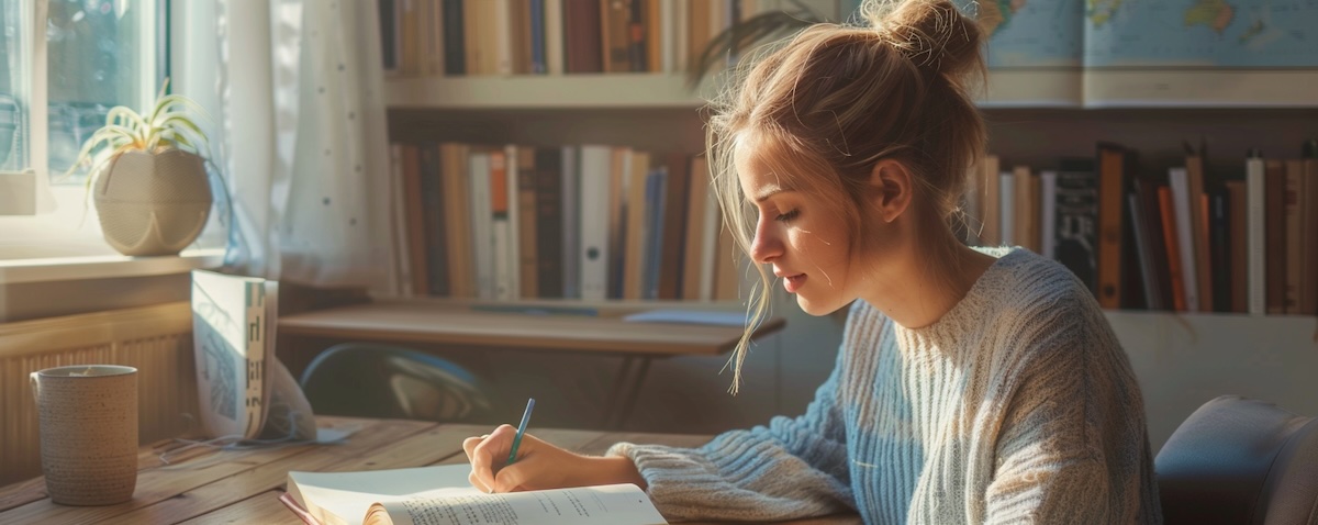 Nordisk kvinne studerer hebraisk ved et skrivebord med bok og notater